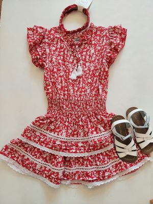 Joyous and Free Lennon red floral dress, ruffle skirt with ribbon trim- smocked drop waist