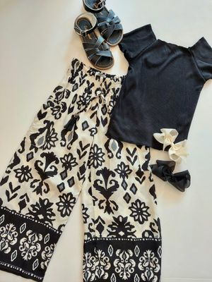 Joyous and Free black and cream printed elastic waist wide leg pants