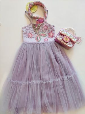 Havengirl mermaid tail lavender dress with rhinestones and sequins- full netting twirl skirt