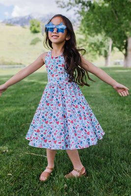 Ollie Jay Sophia  dress in Blue Celebration-criss cross strap back