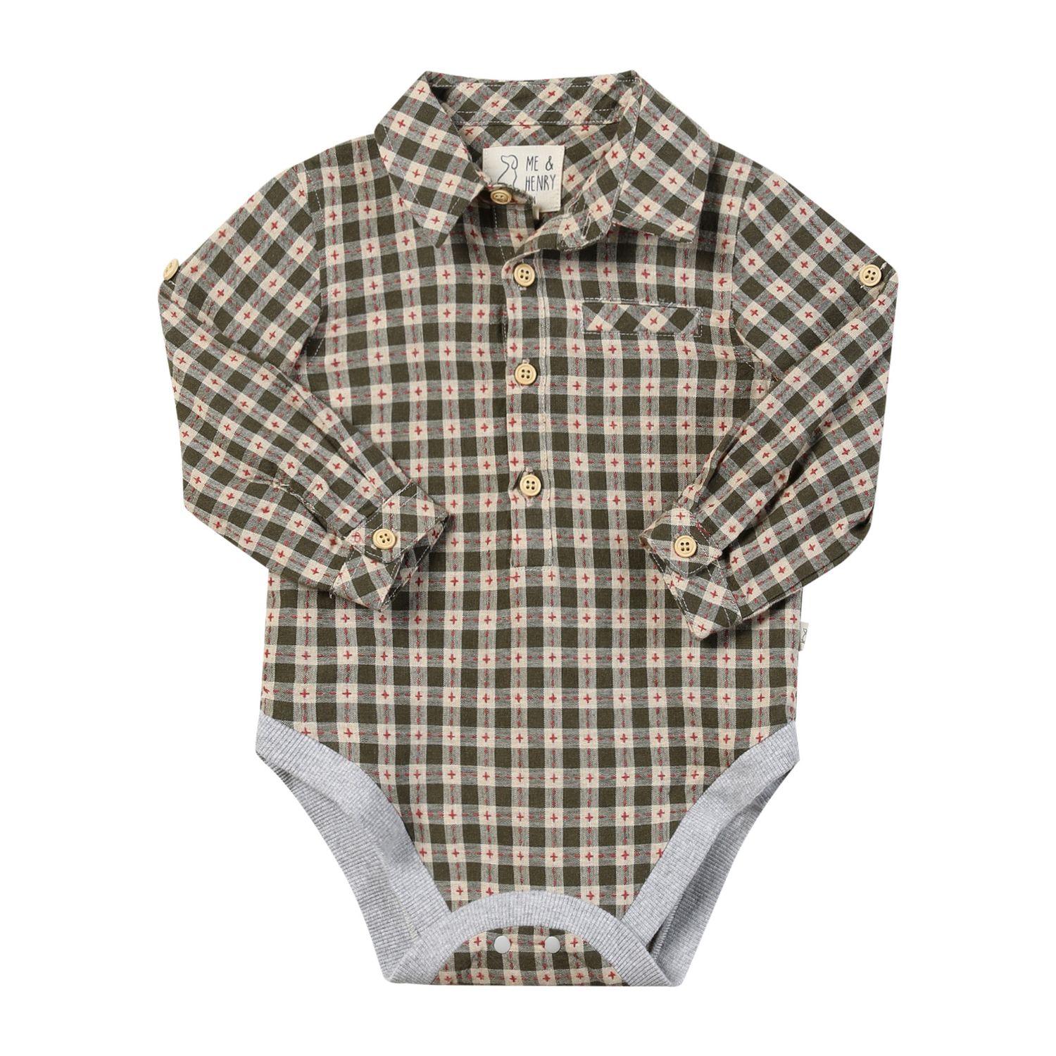 Me &amp; Henry Jasper cotton woven onesie-sage/rust