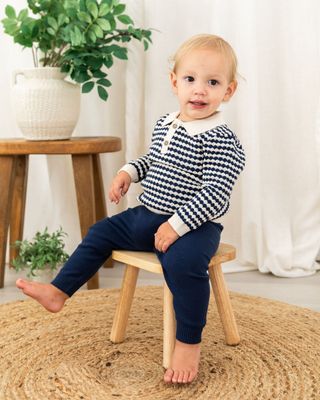 Viverano Organics Leo textured knit polo baby pullover and pant set- organic cotton