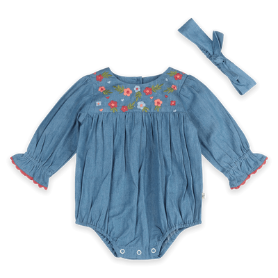 Viverano Organics Ida Floral embroidery Denim Baby romper &amp; headband- denim blue