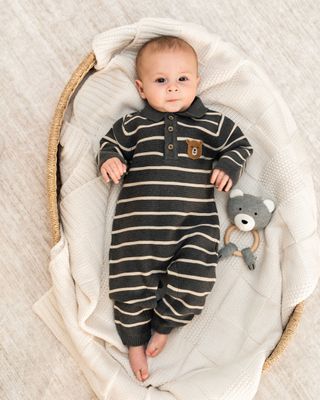 Viverano Organics Bear Face stripe &amp; collar knit baby jumpsuit- organic cotton