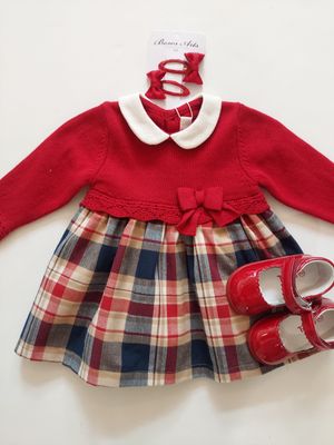 New Fall Mayoral red knit bodice, navy and red plaid skirt- 77% cotton blend