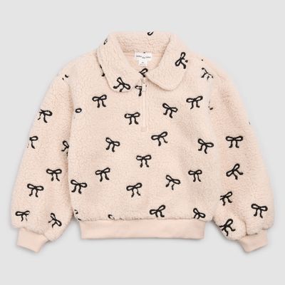 Miles the Label  organic cotton ivory L/S sherpa jacket with black ribbons
