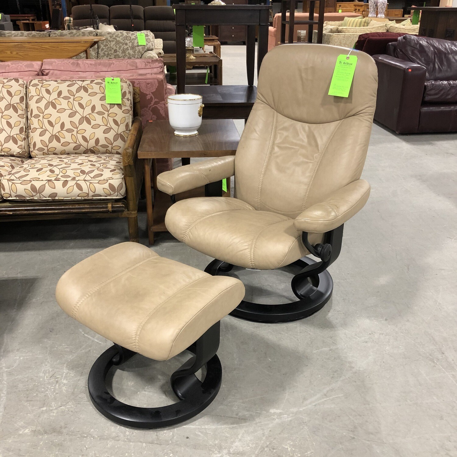Tan Leather Reclining Chair and Foot Stool