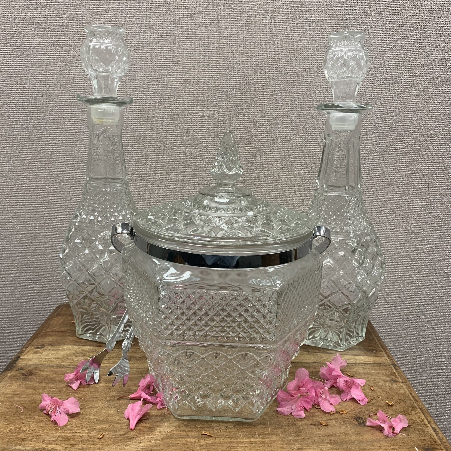 Anchor Hocking Ice Bucket & Two Decanters