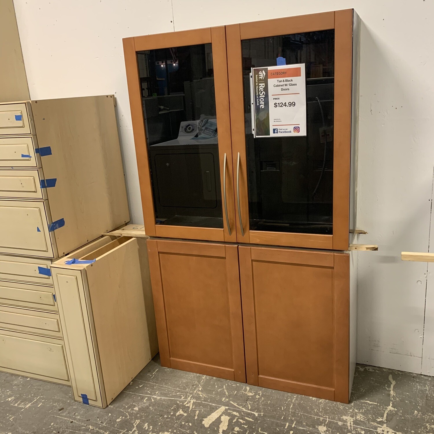 Tan & Black Cabinet With Glass Doors 