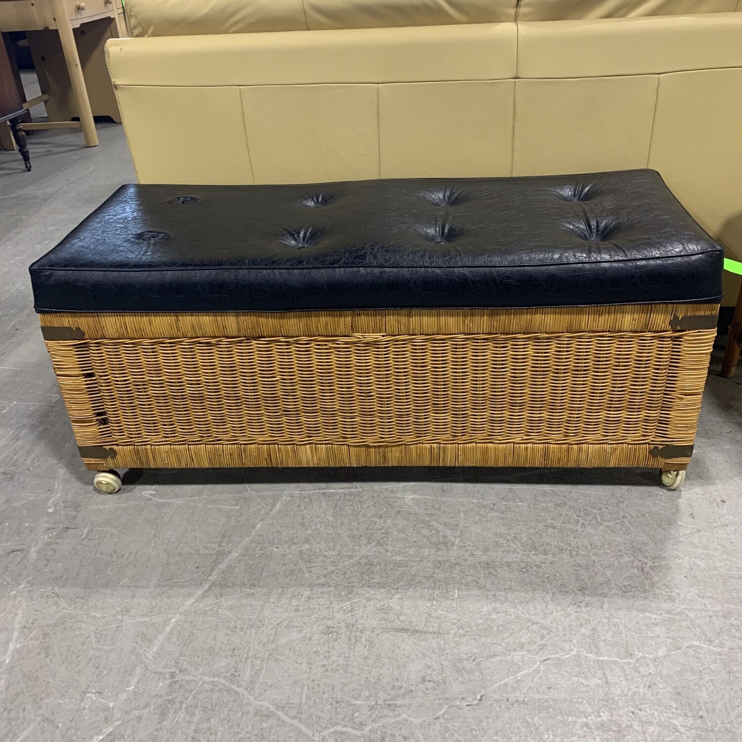 Black Leather/ Wicker Storage Bench