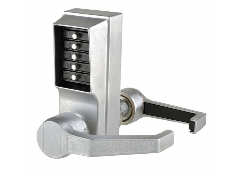 Kaba Simplex Satin Mechanical Push Button Lockset, Lever, Entry With No Key Override Options LR101126