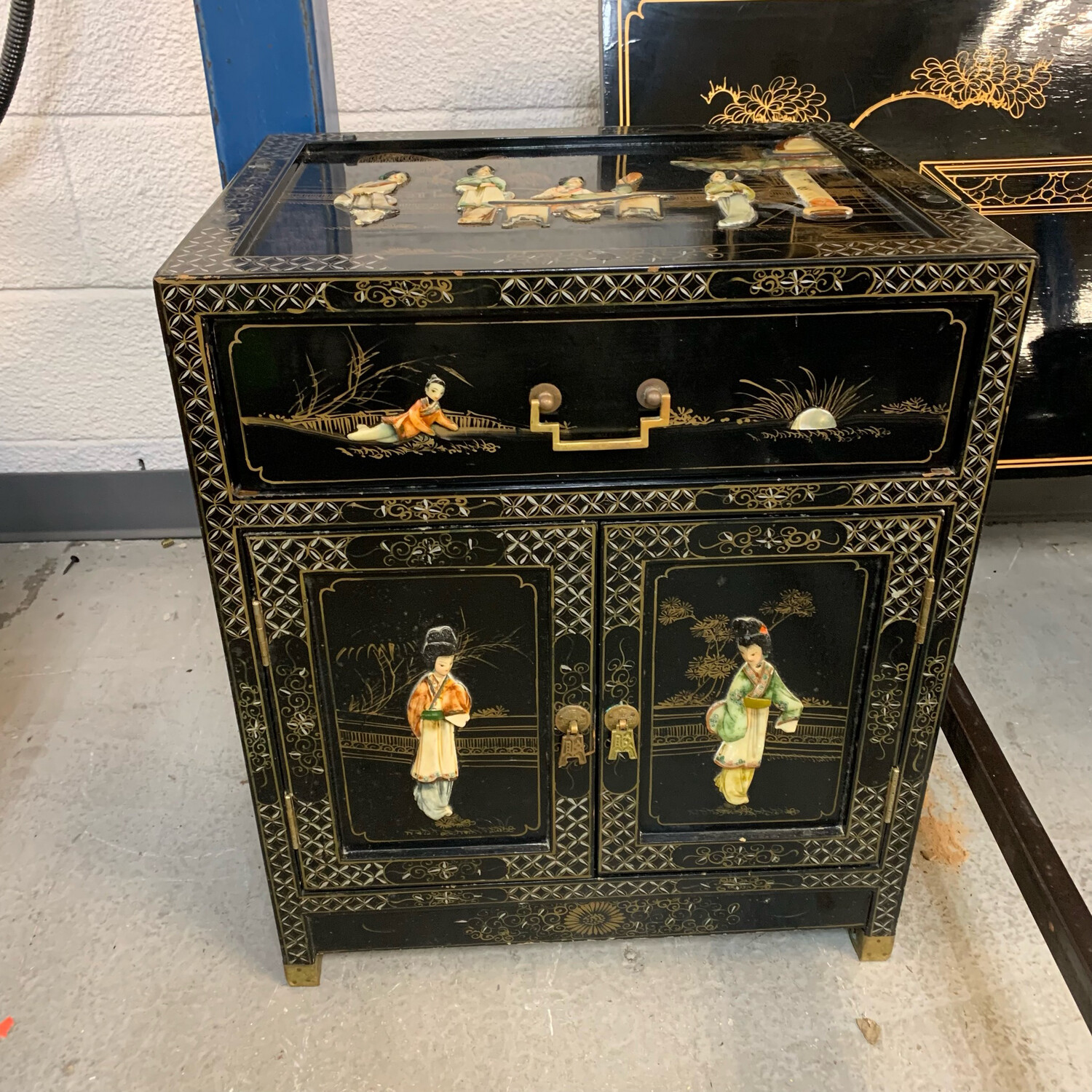 Asian Inspired Nightstand With Mother OF Pearl Figures