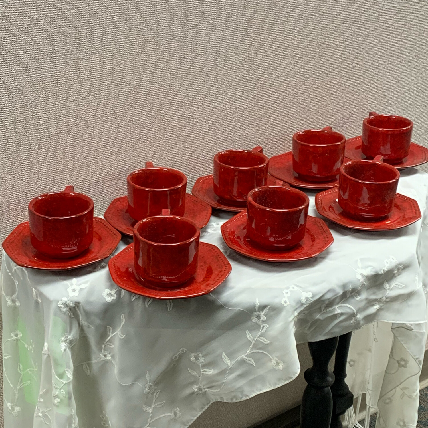 8 Red Tea Cup & Octagon Saucer Plates