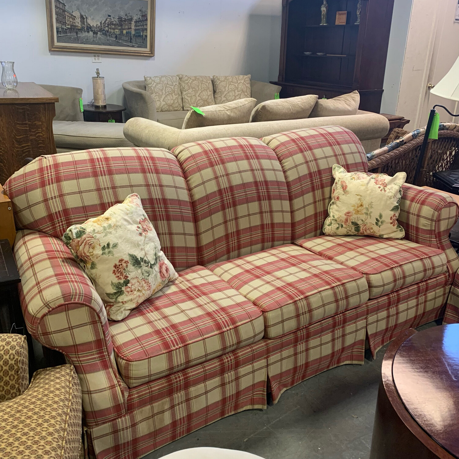 Klaussner Red + White Plaid 3 Seat Couch