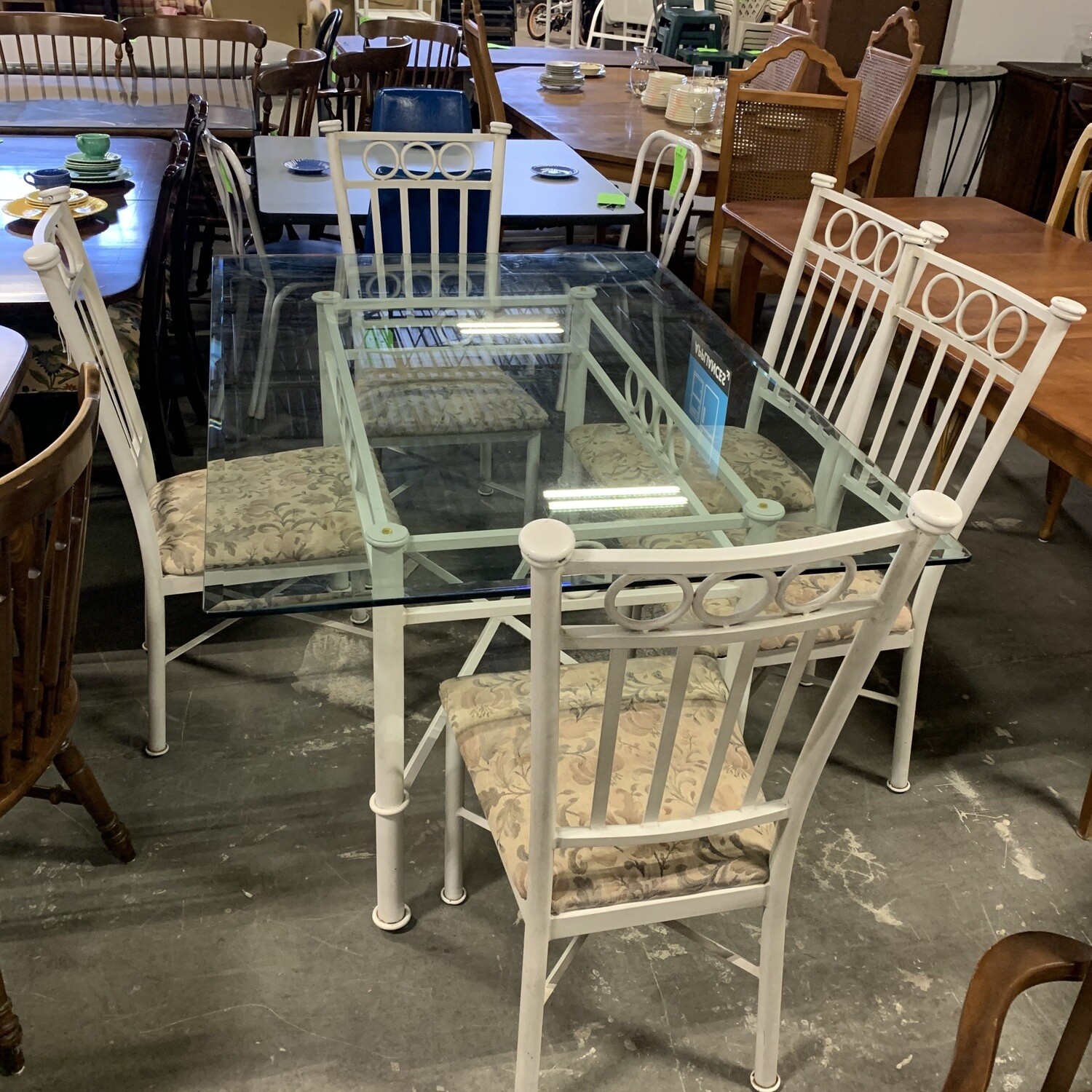 White Metal, Glass Top Dining Table With 5 Chairs
