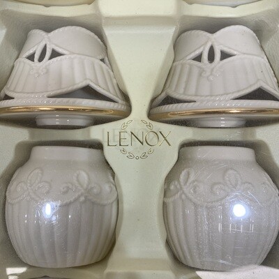 Lenox Great Giftables Carved Tea Light Lamp with Shades - Gold Trim - Set of 2
