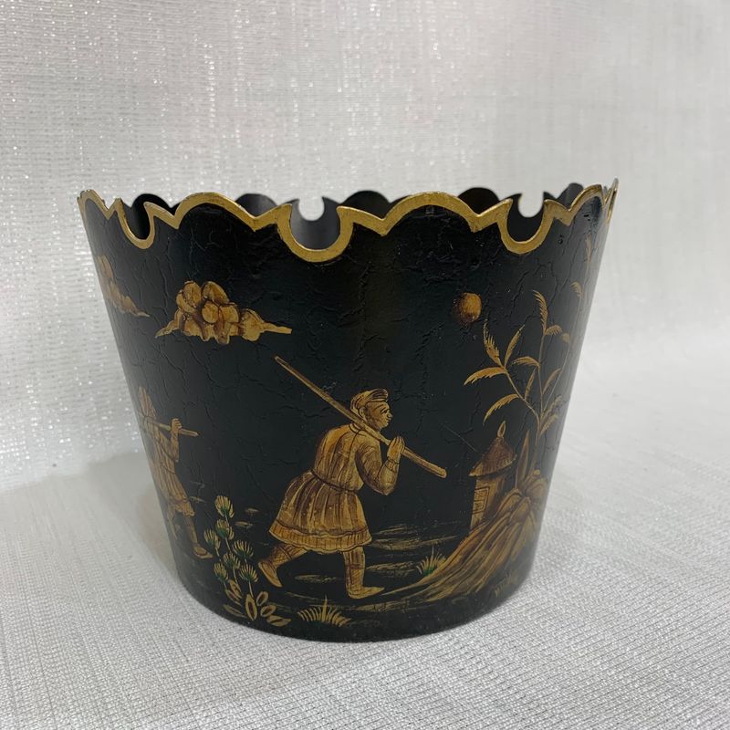 Vintage Black and Gold Tole Cachepot