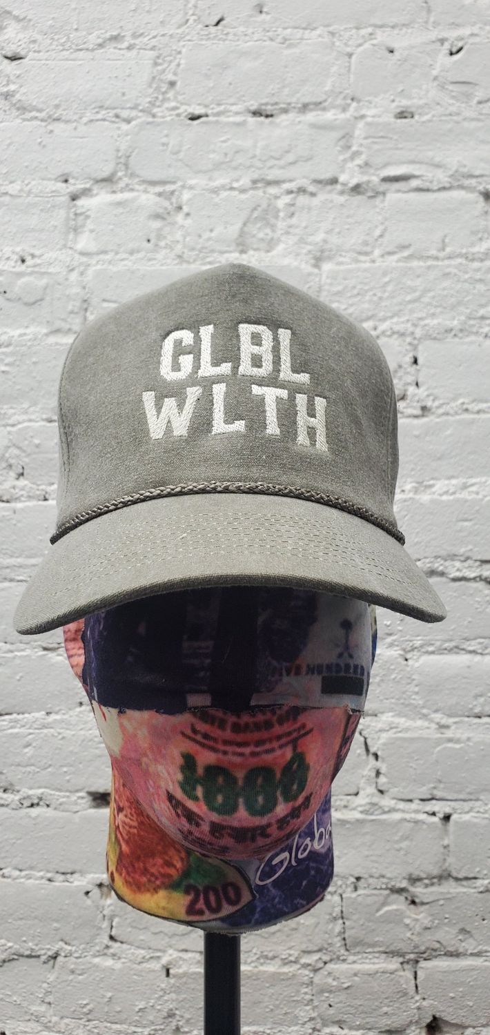 Global Wealth GLBL WLTH 5 panel denim trucker hat
