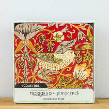 MORRIS&amp;Co for Pimpernel - Coasters Set6  (Cork Backed ) - Strawberry Thief - Red