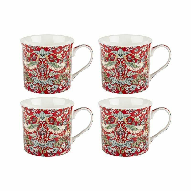 NOSTALGIC CERAMICS - Set Of 4 Fine China Mugs(270ml) - Strawberry Thief Red  -William Morris