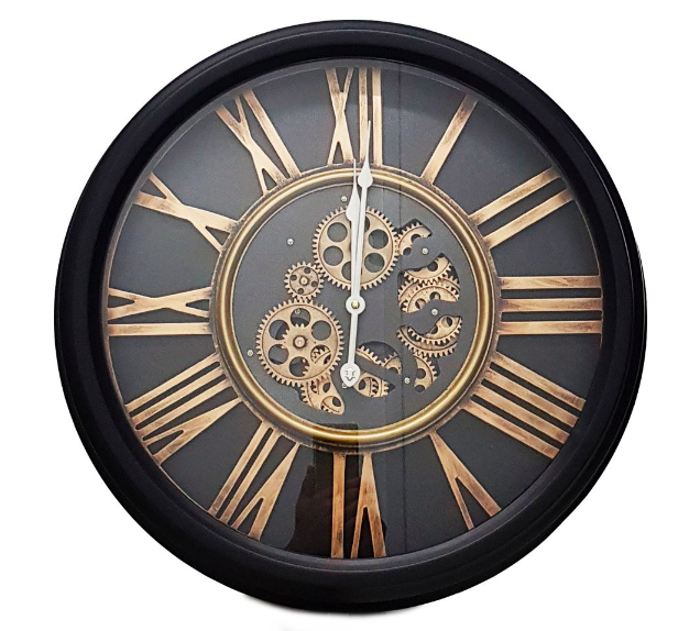 CHILLI TEMPTATIONS: Round William Exposed Gear Movement Wall Clock - Black
