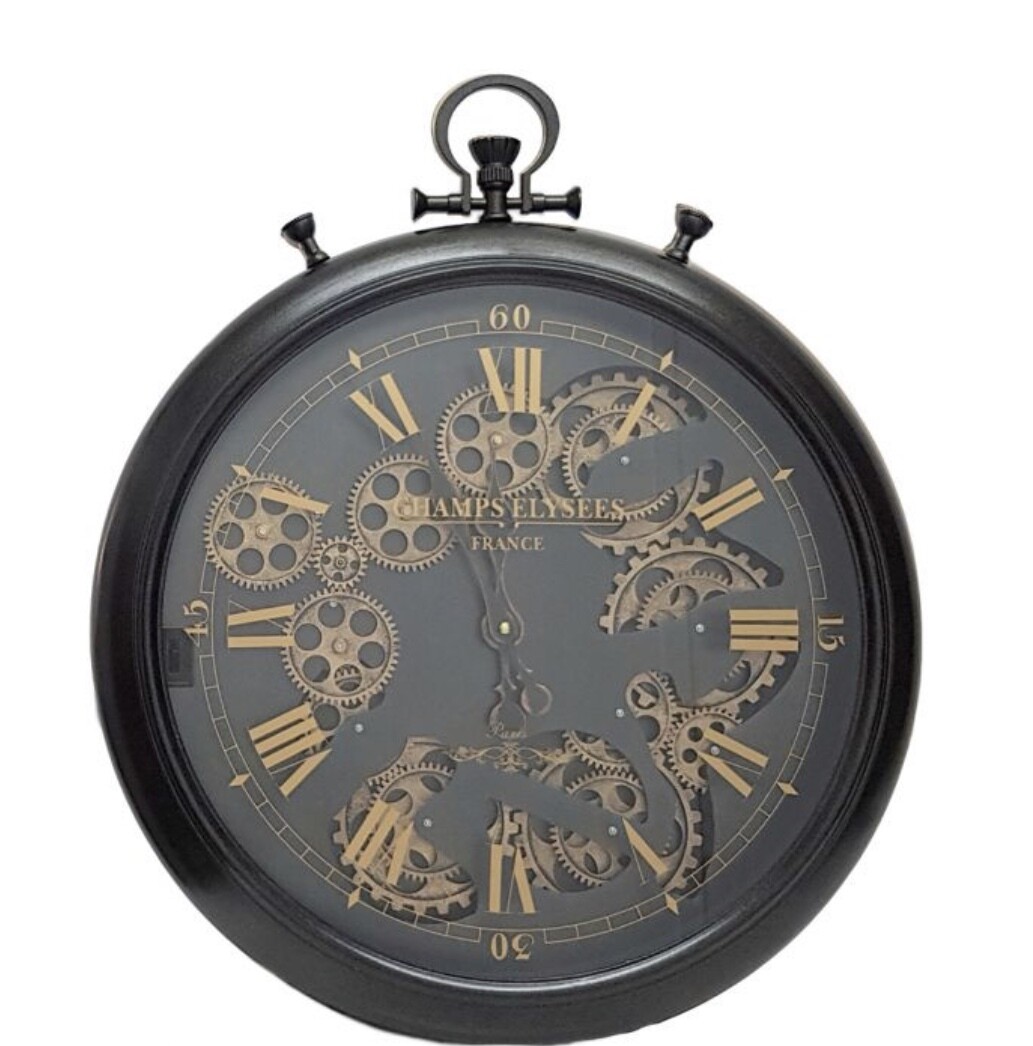 CHILLI TEMPTATIONS: French Chronograph Round Exposed Gear Movement Wall Clock - Black