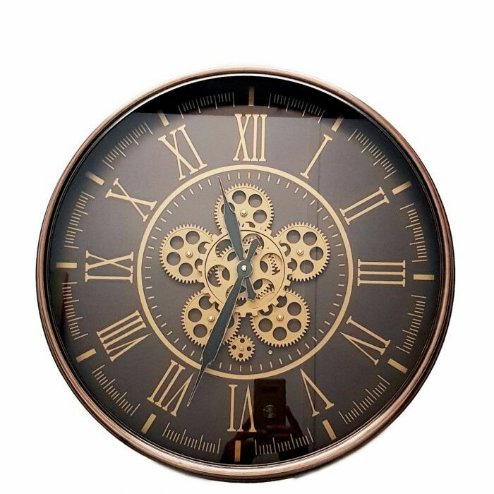 TQ-Y688 - CHILLI TEMPTATIONS: Round Hermes Exposed Gear Movement Wall Clock - Choc W/ Rose Gold