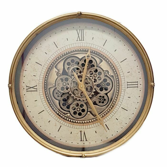 TQ-Y678 - CHILLI TEMPTATIONS: D60cm Round Milan Exposed Gear Movement Wall Clock - Gold And Cream