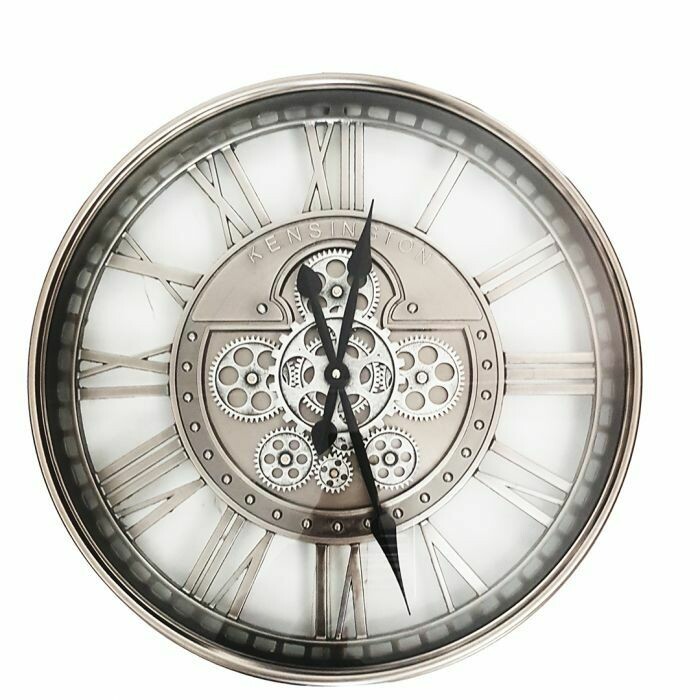TQ-Y695 - CHILLI TEMPTATIONS: D55cm Round Lucas Industrial Exposed Gear Movement Clock - Kensington Silver Wash