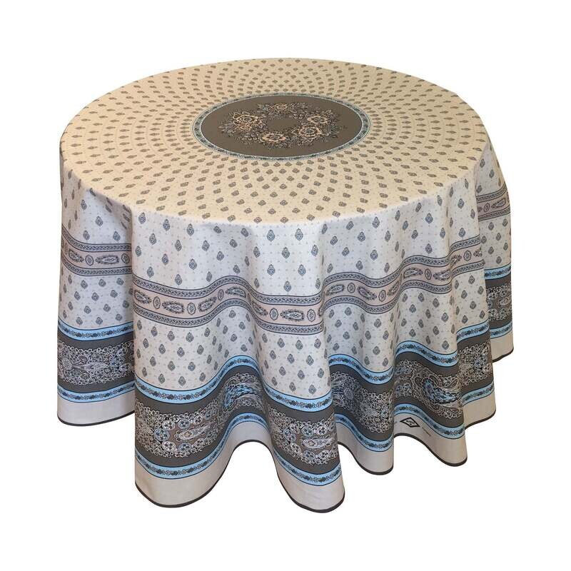 FRENCH LINEN “Bastide” Double Border Coated Cotten Round Tablecloth 180cm Diameter