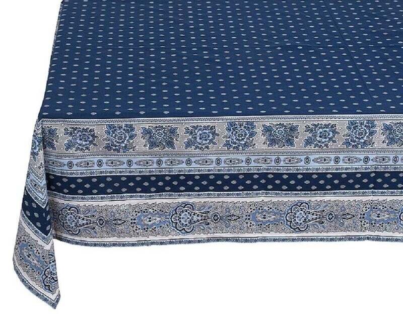 FRENCH LINEN “Bastide” Double Border Cotton Rectangular Tablecloth Navy Blue