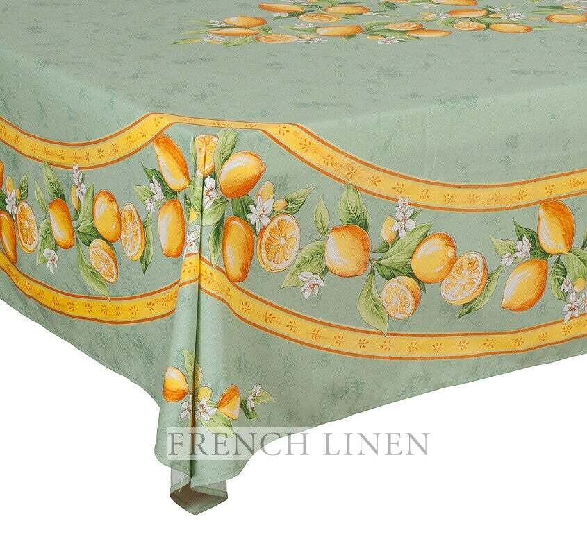 FRENCH LINEN “Citron” Cotton Rectangular Tablecloth 150x250cm Green (Placed Pattern)