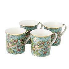 NOSTALGIC Ceramics - Mugs Set4 - William Morris Strawberry Thief - Aqua - Fine China
