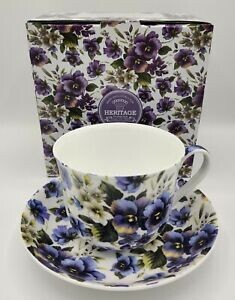 HERITAGE - Breakfast Cup & Saucer 500ml - Summer Pansy - Fine Bone China