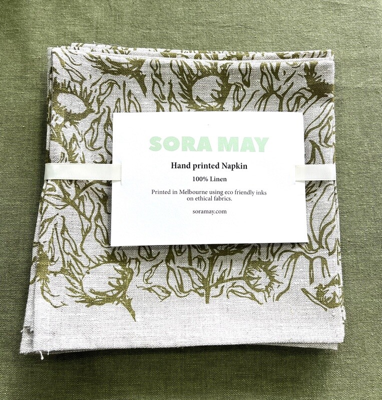 SORA MAY - Napkin set/4 Hand Printed Linen (Tikumu NZ Mountain Daisies)