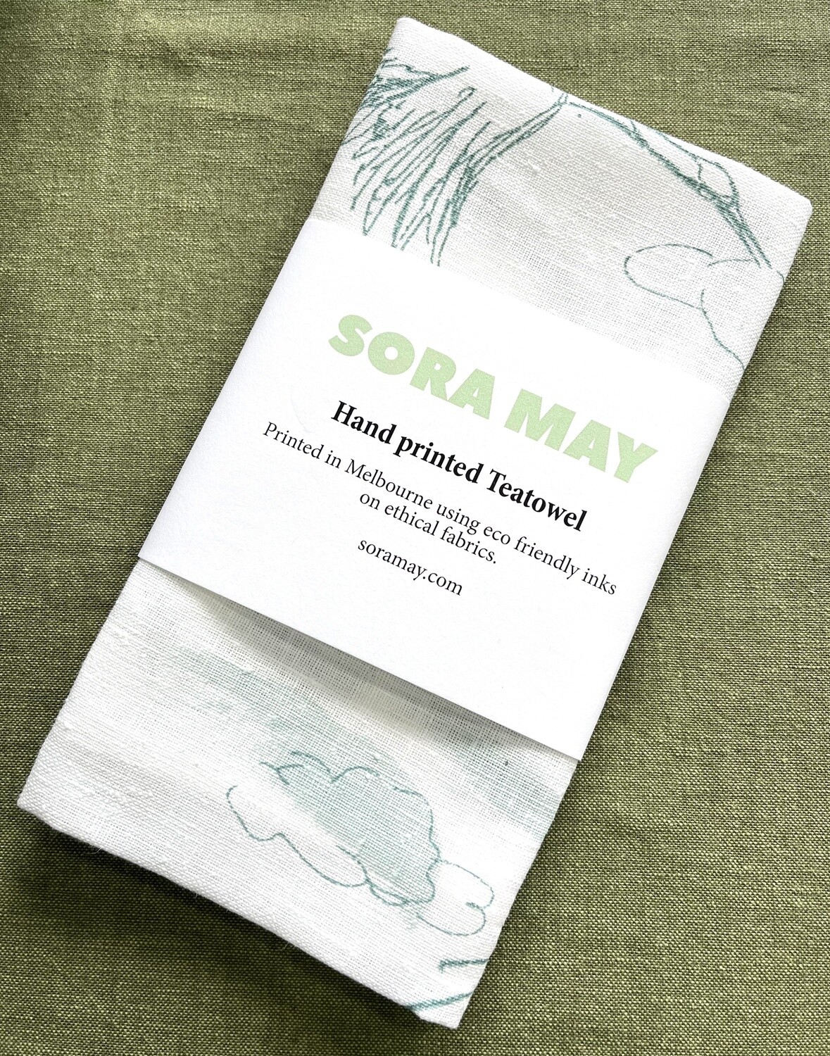 SORA MAY - Tea Towel Hand Printed Linen (Cranes 'n Clouds)