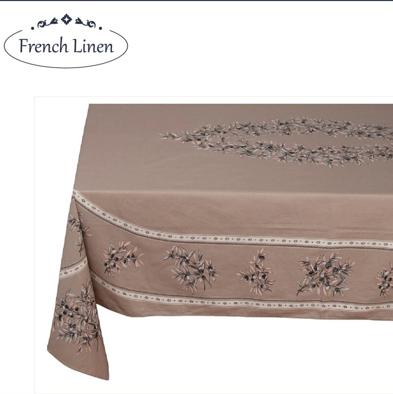 FRENCH LINEN “Olives les Baux&quot; (Placed Pattern) Cotton Rectangular Tablecloth 155x250cm - Taupe