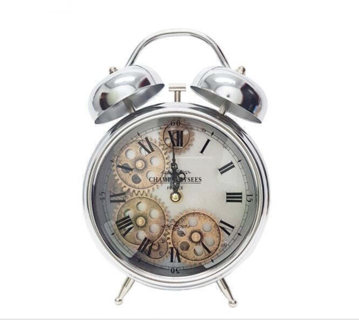 CHILLI TEMPTATIONS: Newton bell - bedside clock - exposed gear movement  - silver (TQ-Y629C)