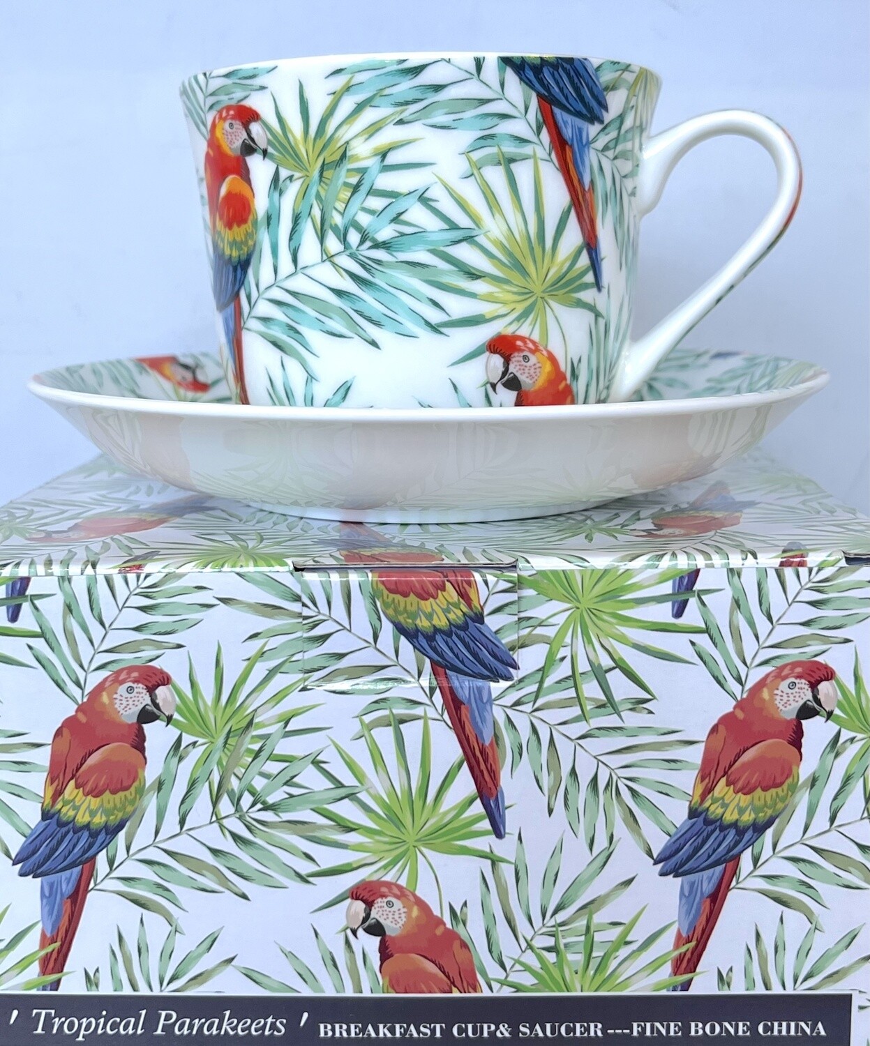 HERITAGE - Breakfast Cup &amp; Saucer 500ml- Tropical Parakeets - Fine Bone China