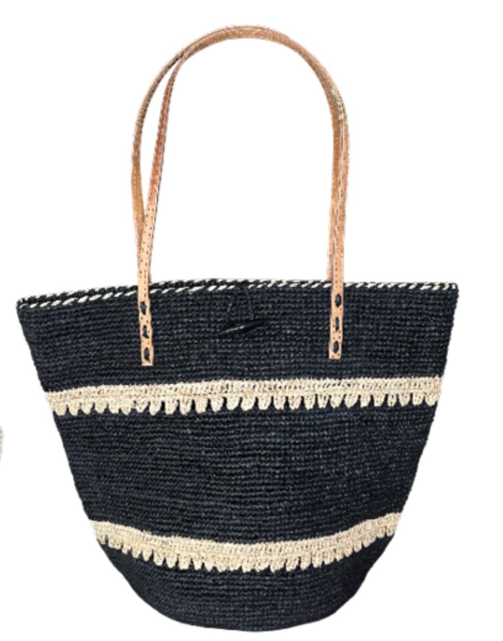 Le Panier - Natalie bag -  BLACK   incl. natural stripe, Tan leather handle
