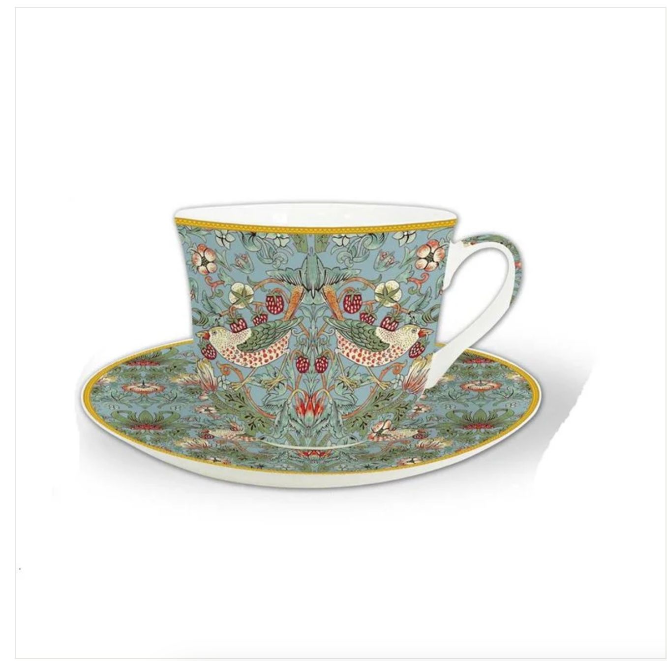 HERITAGE -  Breakfast  Cup &amp; Saucer 500ml - Strawberry Thief Aqua - Fine Bone China