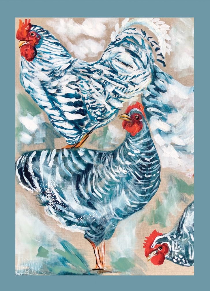LILLI ROCK - Tea Towel 70cm by 50cm microfibre - Blue &amp; White Chooks
