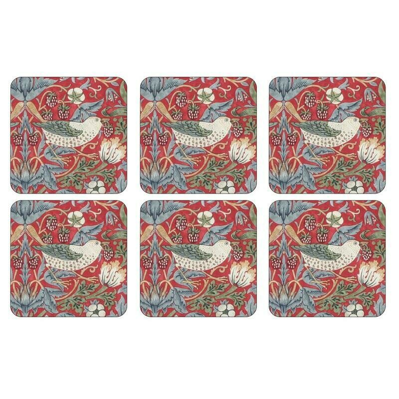 MORRIS&amp;Co for Pimpernel - Coasters Set6  (Cork Backed ) - Strawberry Thief - Red