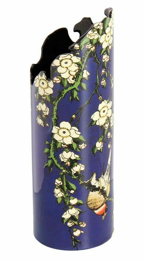 SILHOUETTE  D'ART - Hokusai Bird and Flowers Rich Blue Ceramic Art Vase-19cm