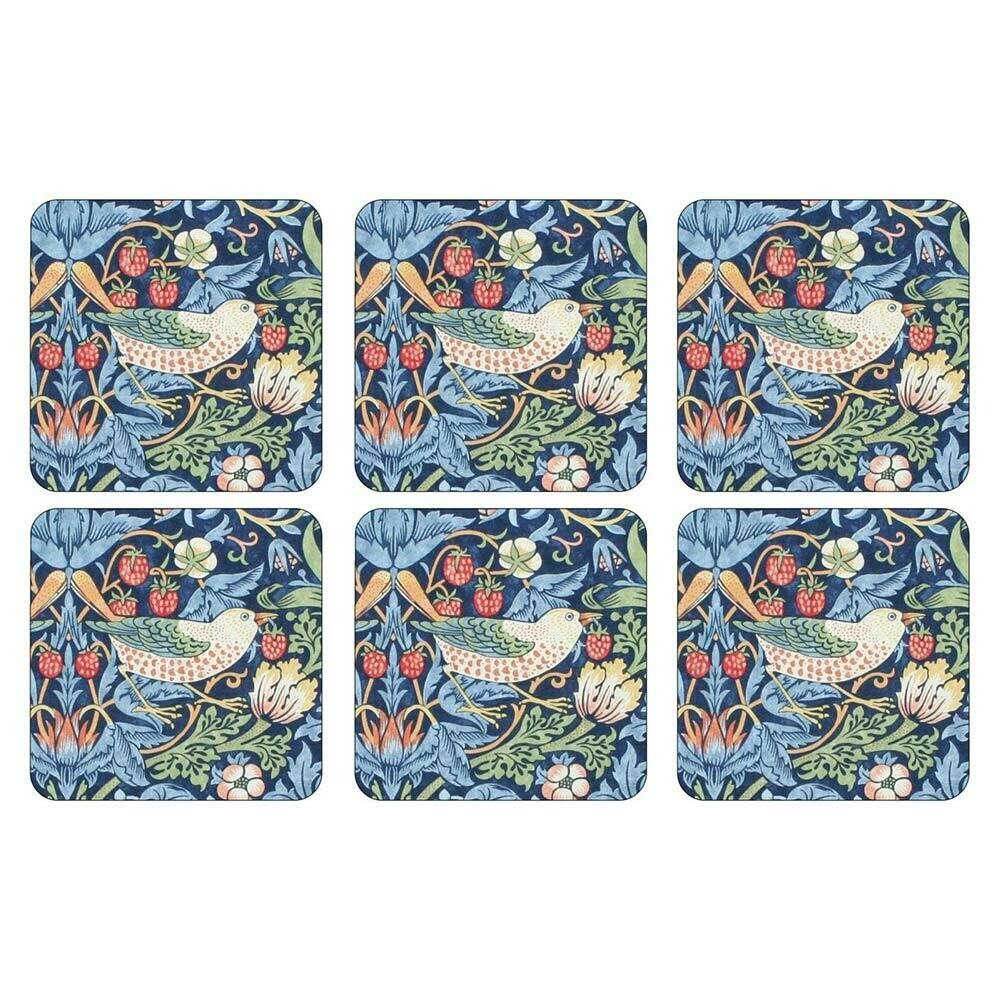 MORRIS&amp;Co for PIMPERNEL - Coasters Set6 (Cork Backed) -  Strawberry Thief  - Blue