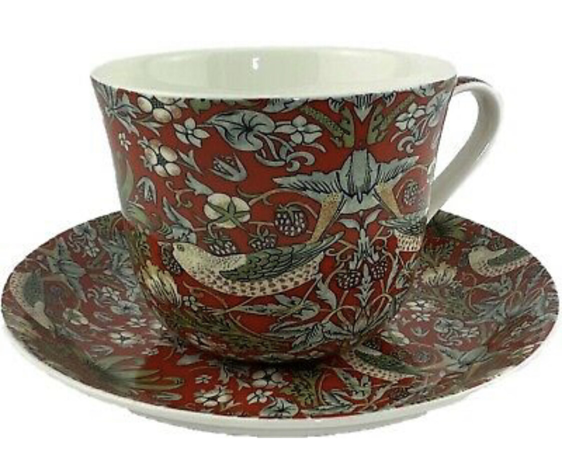 HERITAGE - Breakfast Cup &amp; Saucer 500ml - Strawberry Thief Red - Fine Bone China