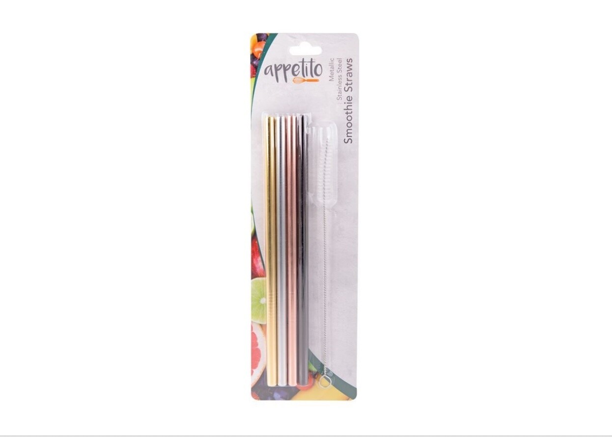 AVANTI  - Stainless Steel Straight Smoothie Straws with Cleaning Brush - Set of 4