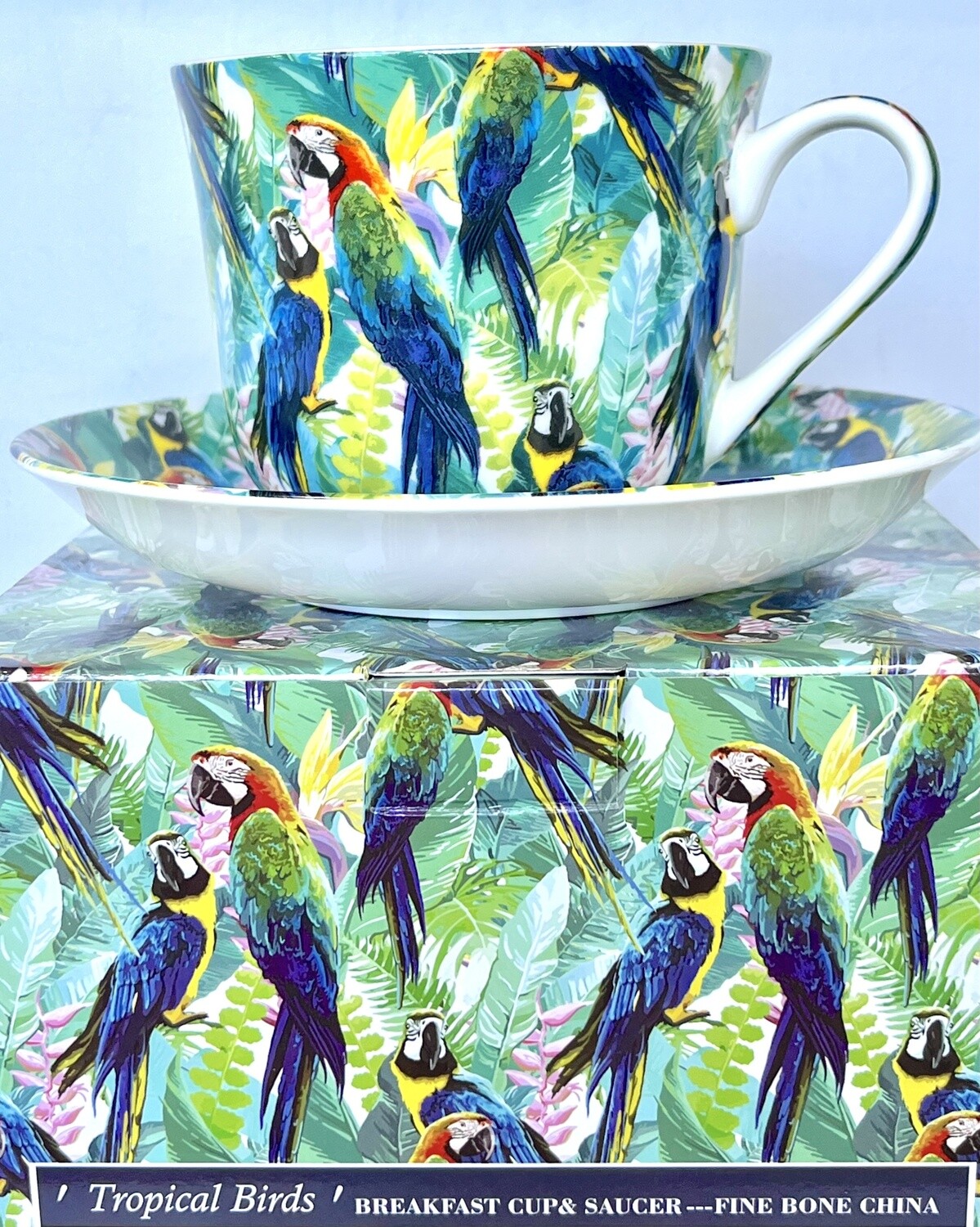 HERITAGE - Breakfast Cup &amp; Saucer 500ml - Tropical Birds - Fine Bone China