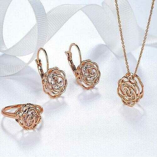 Rose Is A Rose Set Of Ring,Earrings and Pendant With Chain In 18kt Rose Crystals In White Yellow And Rose Gold Plating -COLOR: ROSE GOLD, Size: SIZE-7 Rose Is A Rose Set Of Ring,Earrings and Pendant With Chain In 18kt Rose Crystals In White Yellow And Rose Gold Plating -COLOR: ROSE GOLD, Size: SIZE-7
