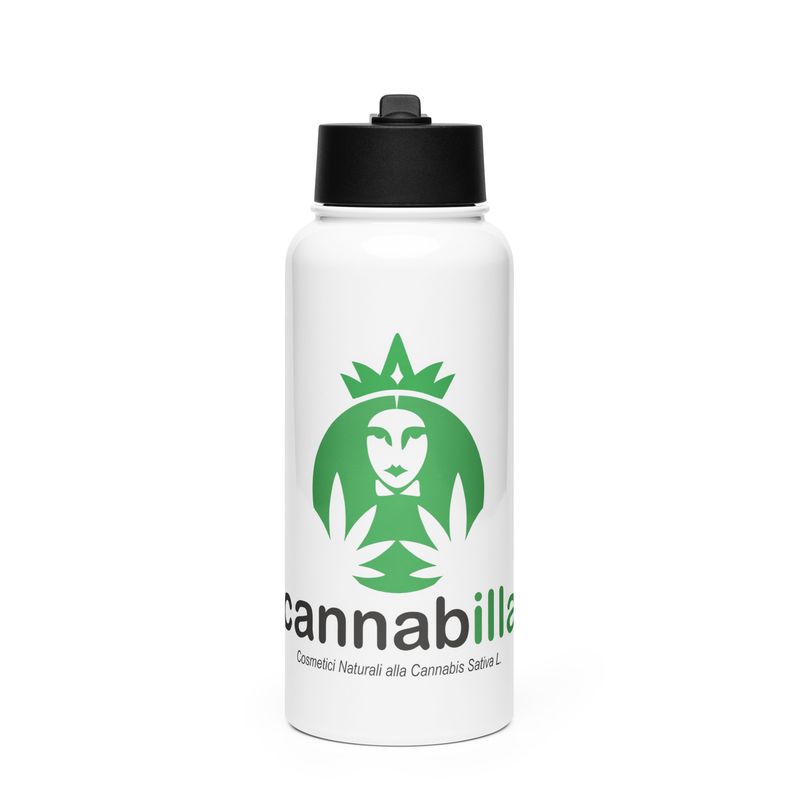 Stainless steel water bottle with straw lid.